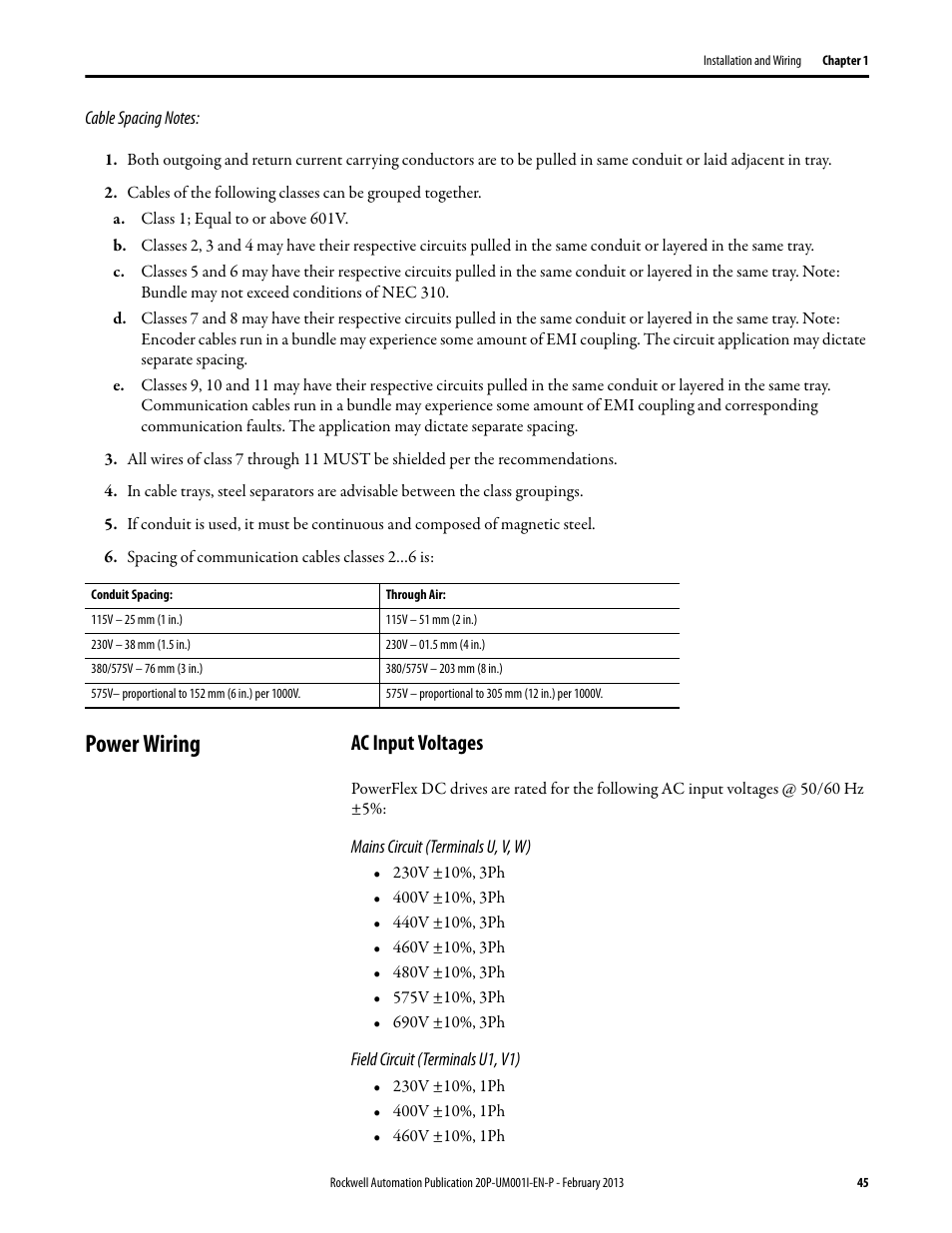 Power wiring, Ac input voltages | Rockwell Automation 20P PowerFlex Digital DC Drive User Manual | Page 45 / 376