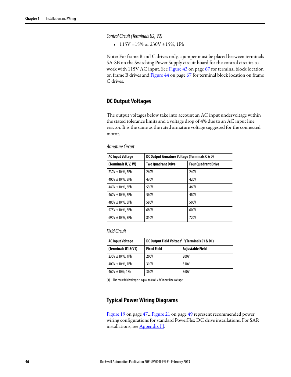 Dc output voltages, Typical power wiring diagrams, E typical power wiring diagrams and | Dc output voltages typical power wiring diagrams | Rockwell Automation 20P PowerFlex Digital DC Drive User Manual | Page 46 / 376