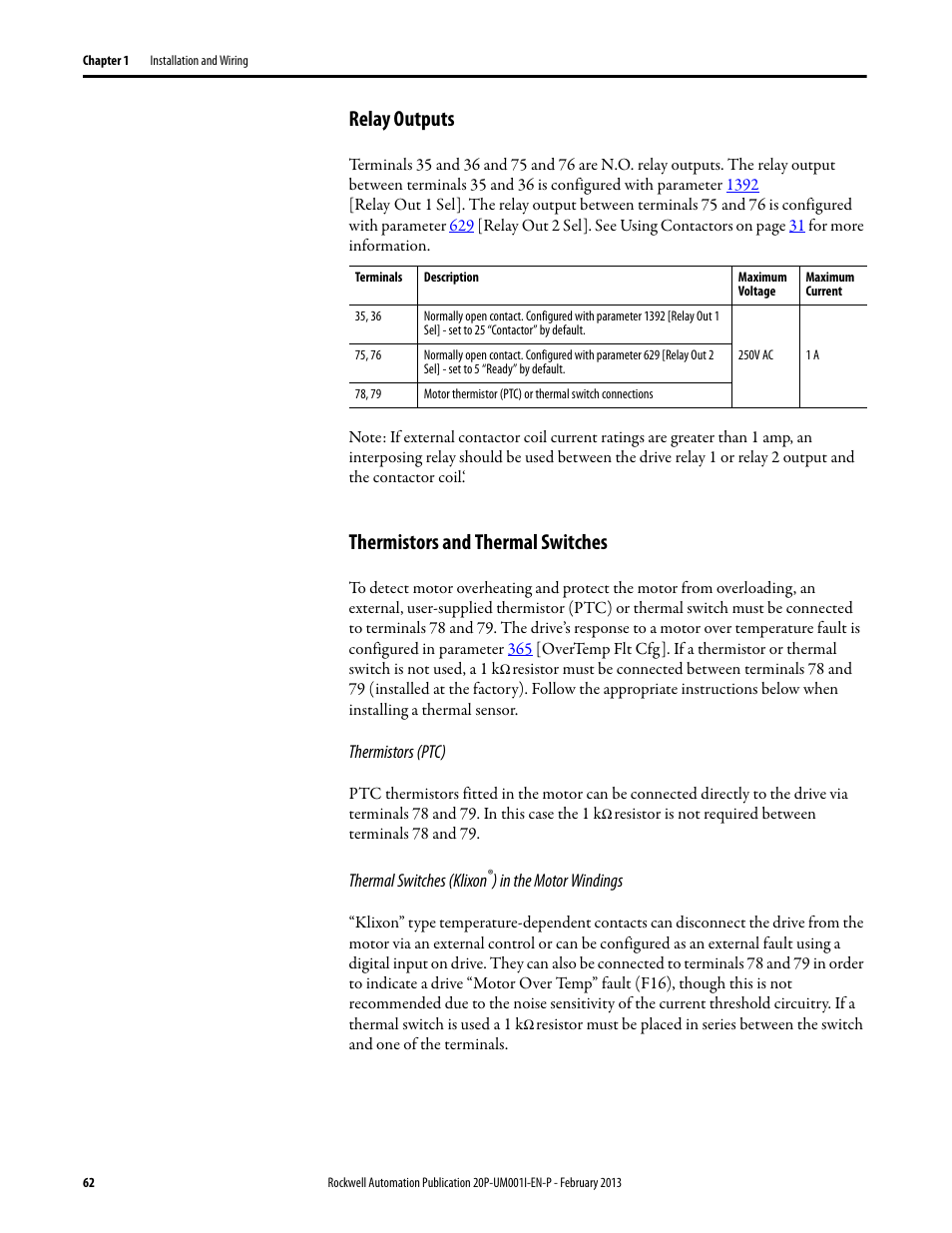 Relay outputs, Thermistors and thermal switches, Relay outputs thermistors and thermal switches | Rockwell Automation 20P PowerFlex Digital DC Drive User Manual | Page 62 / 376