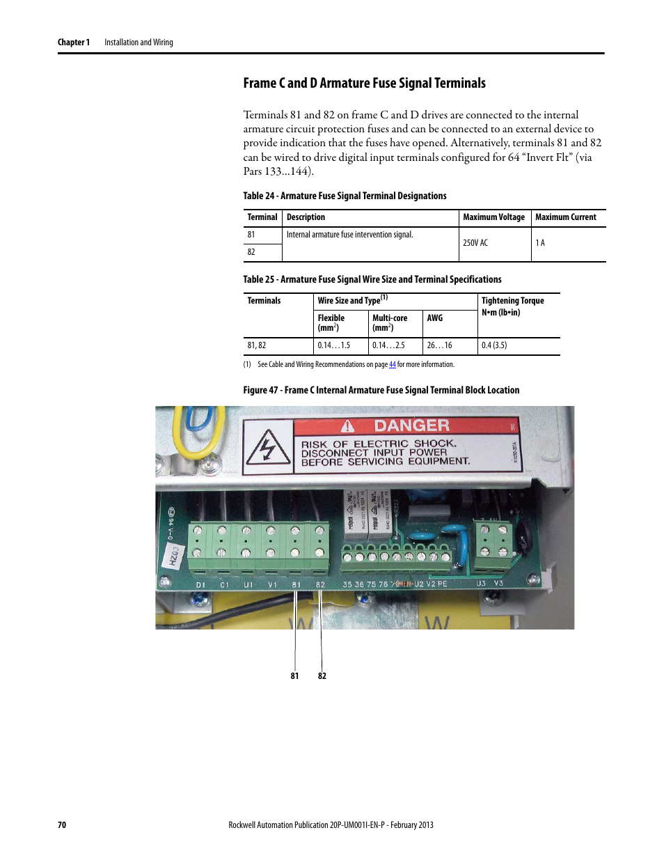 Frame c and d armature fuse signal terminals | Rockwell Automation 20P PowerFlex Digital DC Drive User Manual | Page 70 / 376