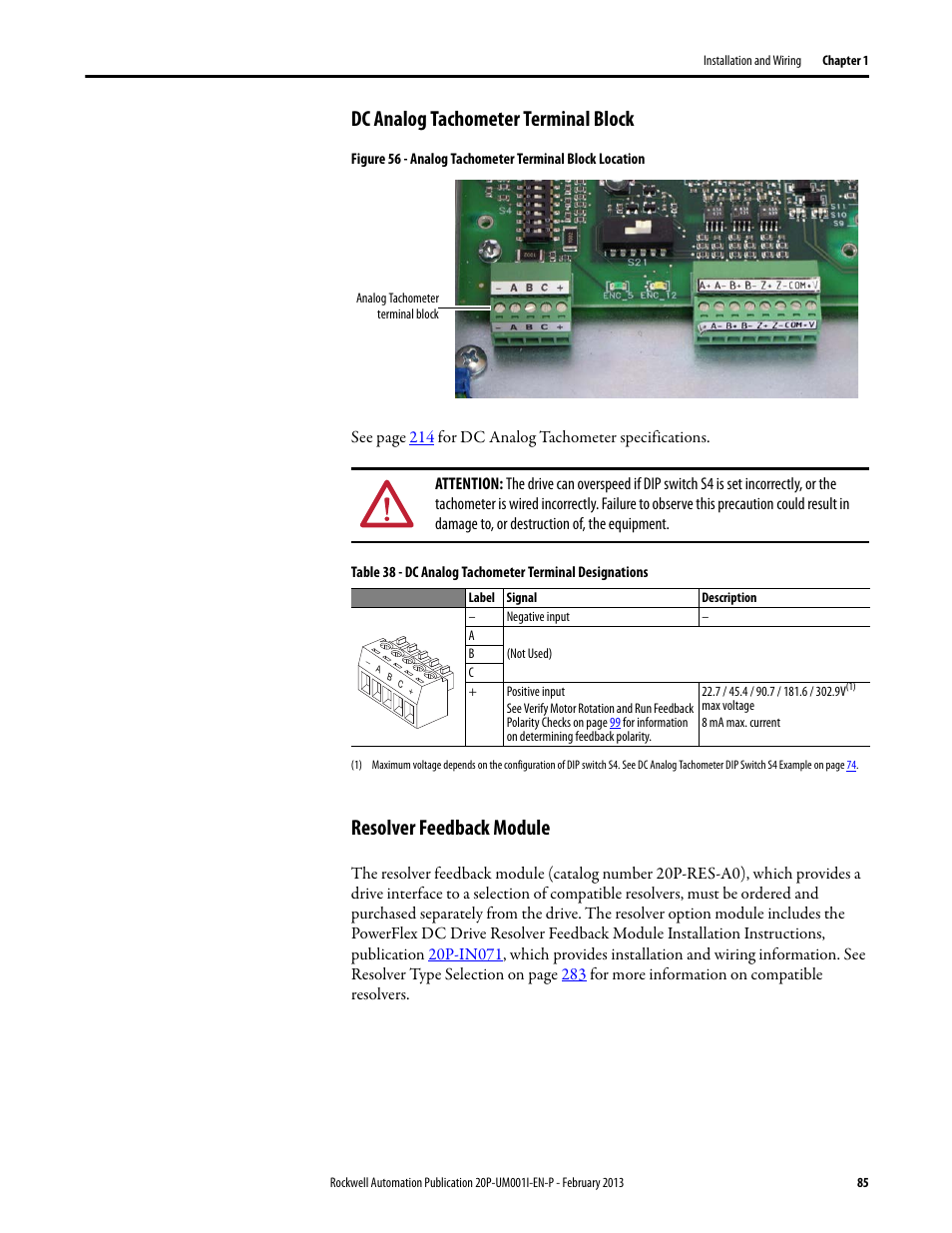 Dc analog tachometer terminal block, Resolver feedback module | Rockwell Automation 20P PowerFlex Digital DC Drive User Manual | Page 85 / 376
