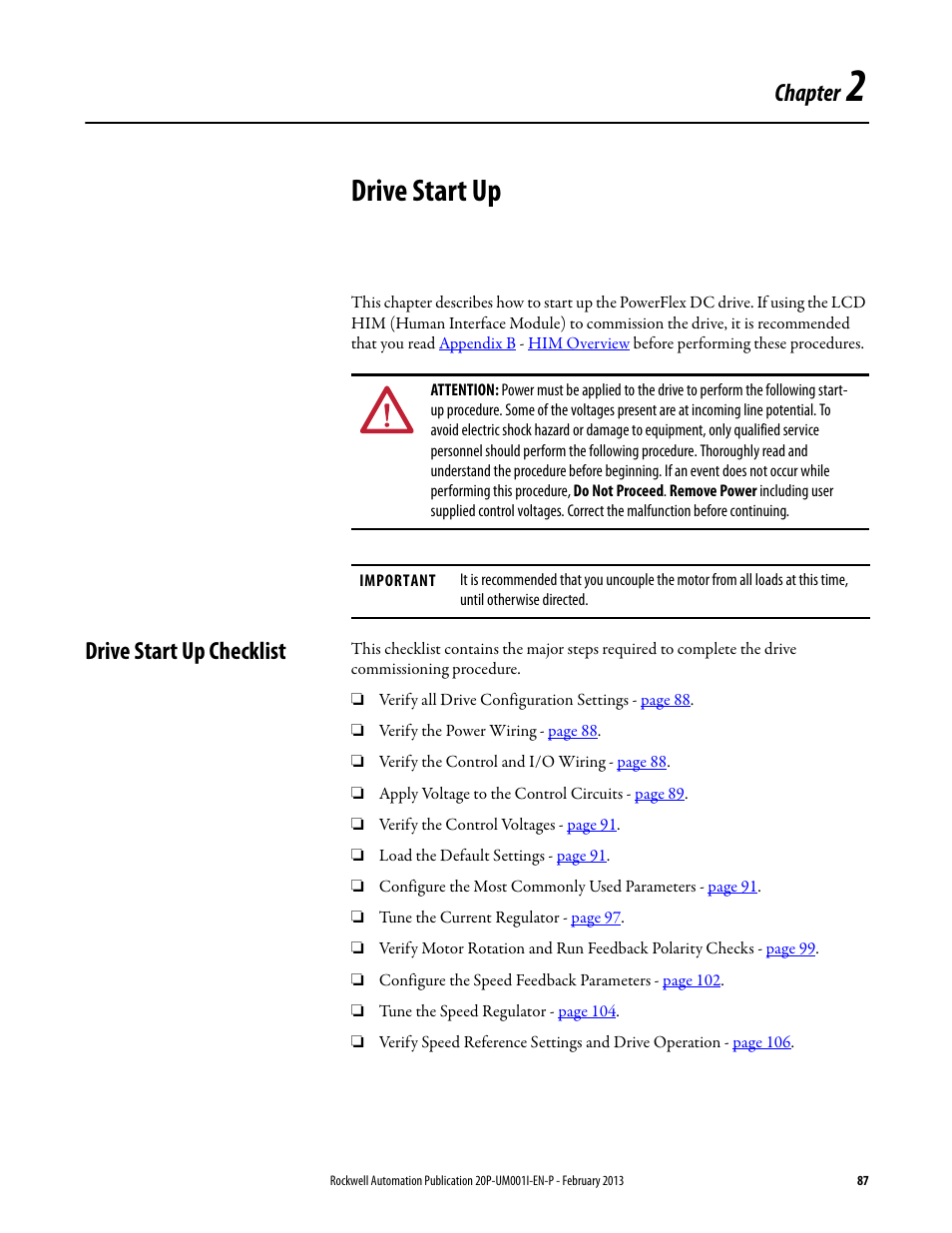 Chapter 2, Drive start up, Drive start up checklist | Chapter | Rockwell Automation 20P PowerFlex Digital DC Drive User Manual | Page 87 / 376