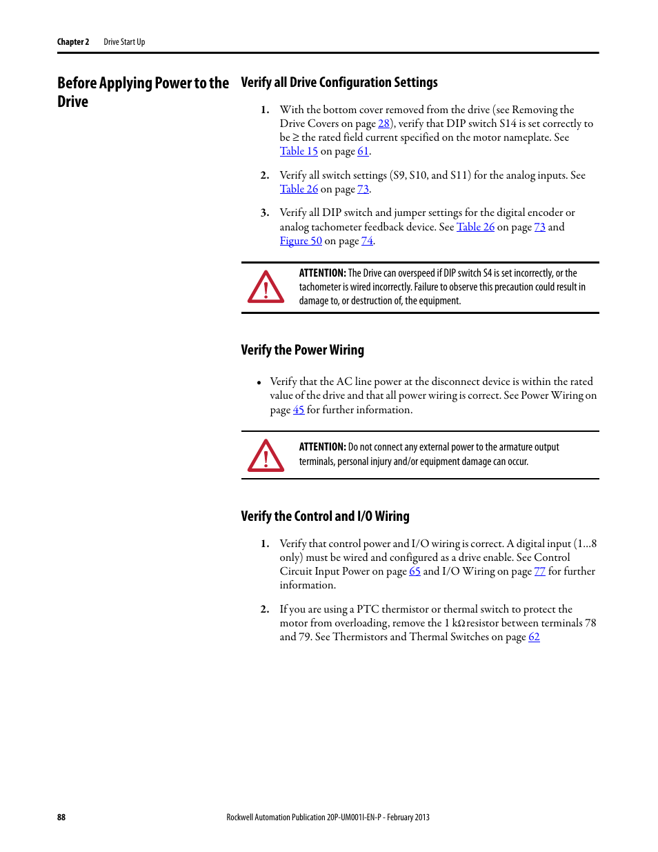 Before applying power to the drive, Verify all drive configuration settings, Verify the power wiring | Verify the control and i/o wiring | Rockwell Automation 20P PowerFlex Digital DC Drive User Manual | Page 88 / 376