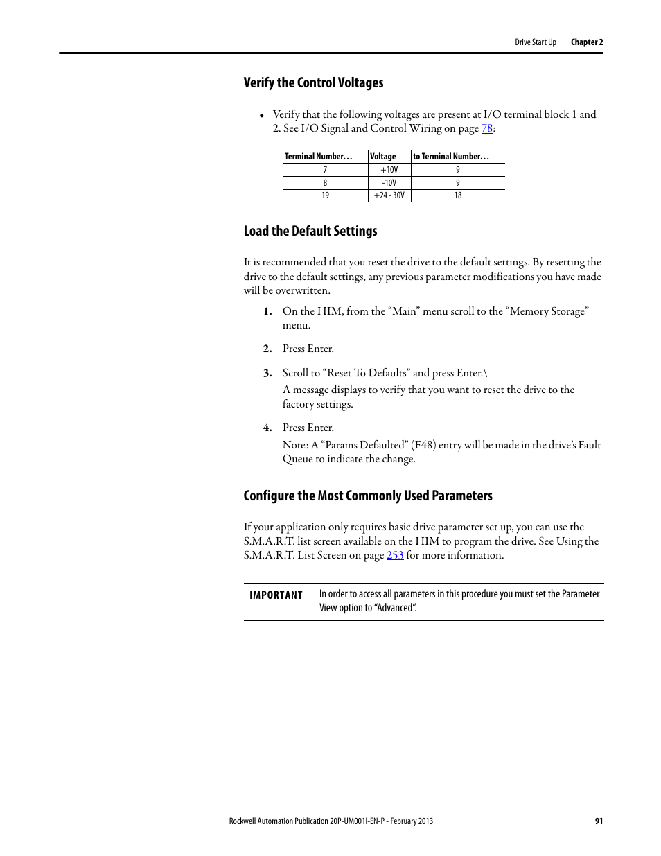 Verify the control voltages, Load the default settings, Configure the most commonly used parameters | Rockwell Automation 20P PowerFlex Digital DC Drive User Manual | Page 91 / 376