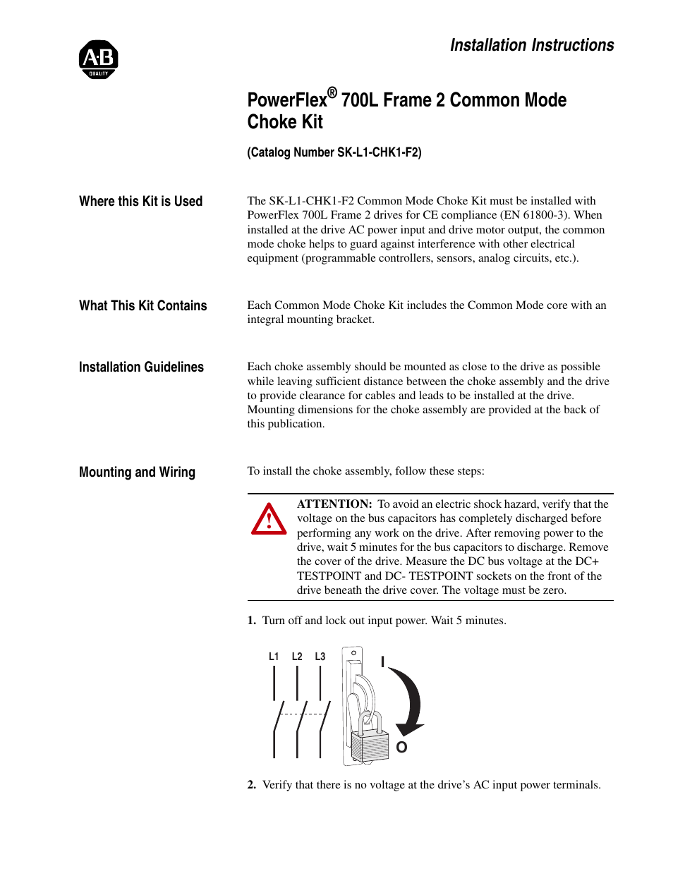 Rockwell Automation 20L PowerFlex 700L Frame 2 Common Mode Choke Kit User Manual | 4 pages