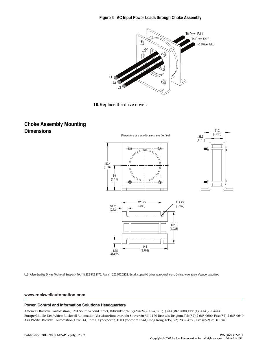 Choke assembly mounting dimensions | Rockwell Automation 20L PowerFlex 700L Frame 2 Common Mode Choke Kit User Manual | Page 4 / 4