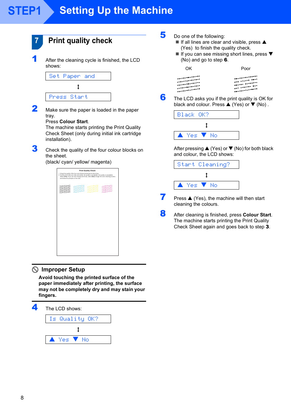 7 print quality check, Print quality check, Step1 | Setting up the machine, 7print quality check, Set paper and, Press start, Is quality ok, A yes b no, Black ok | Brother DCP-120C User Manual | Page 10 / 33