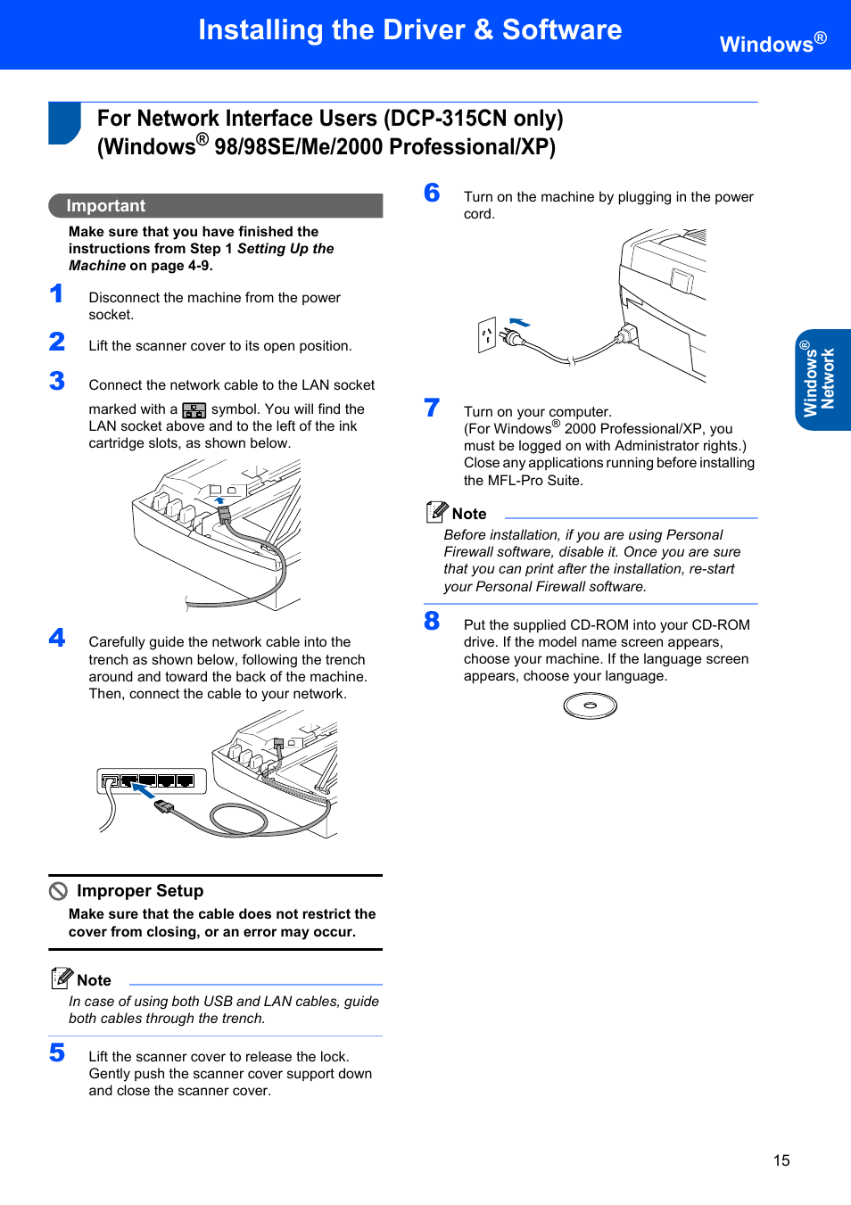 98/98se/me/2000 professional/xp), For network interface users (dcp-315cn only), Windows | Installing the driver & software | Brother DCP-120C User Manual | Page 17 / 33