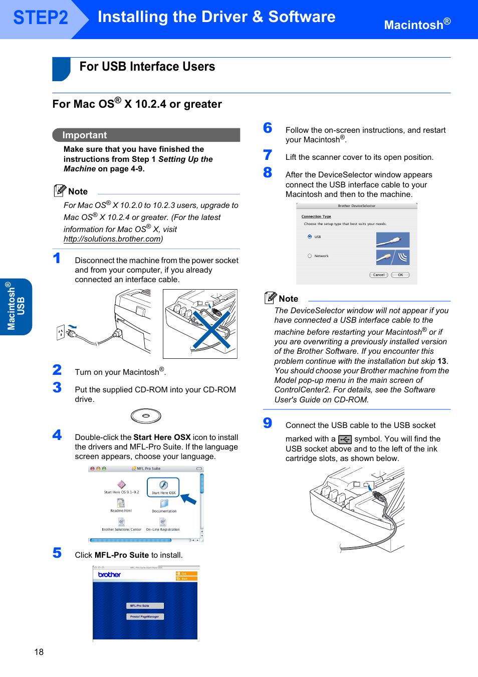 Macintosh, For usb interface users, For mac os® x 10.2.4 or greater | For mac os, X 10.2.4 or greater, Step2, Installing the driver & software | Brother DCP-120C User Manual | Page 20 / 33