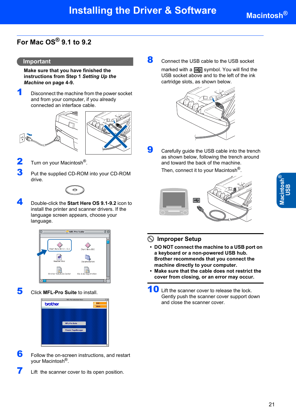 For mac os® 9.1 to 9.2, For mac os, 1 to 9.2 | Installing the driver & software, Macintosh | Brother DCP-120C User Manual | Page 23 / 33