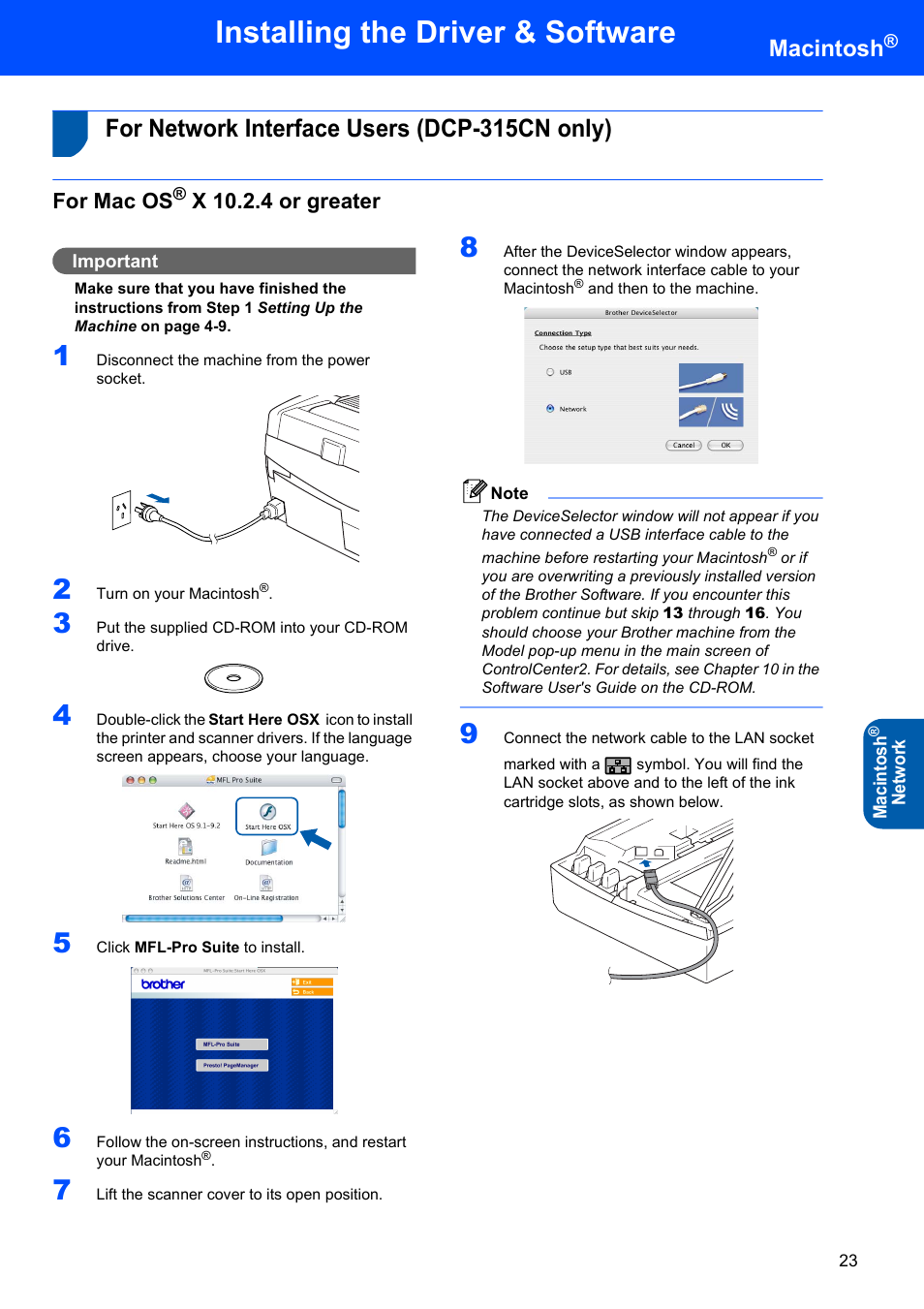 For network interface users (dcp-315cn only), For mac os® x 10.2.4 or greater, For mac os | X 10.2.4 or greater, Installing the driver & software, Macintosh | Brother DCP-120C User Manual | Page 25 / 33