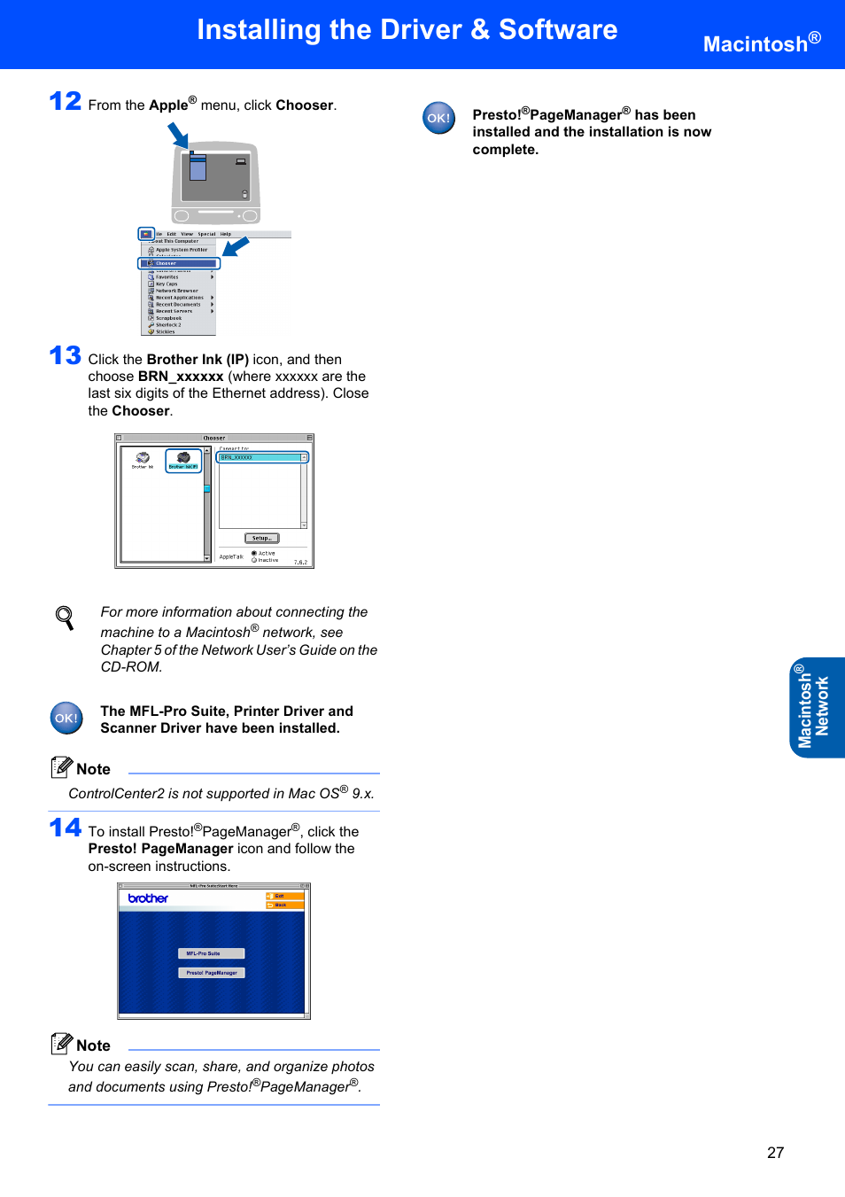 Installing the driver & software, Macintosh, Maci nt osh | Net w or k | Brother DCP-120C User Manual | Page 29 / 33