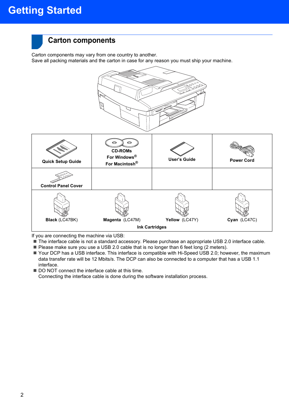 Getting started, Carton components | Brother DCP-120C User Manual | Page 4 / 33