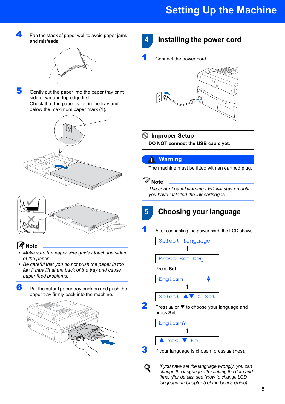 4 installing the power cord, 5 choosing your language, Installing the power cord choosing your language | Setting up the machine, 4installing the power cord, 5choosing your language, Select language, Press set key, English e, Select ab & set | Brother DCP-120C User Manual | Page 7 / 33