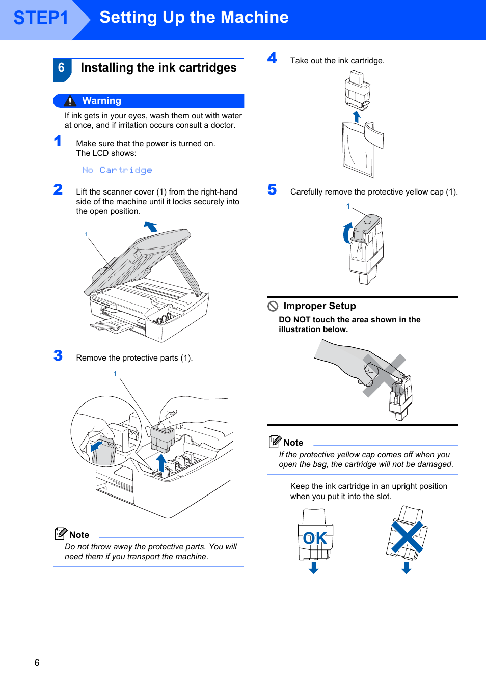 6 installing the ink cartridges, Installing the ink cartridges, Step1 | Setting up the machine, 6installing the ink cartridges, No cartridge | Brother DCP-120C User Manual | Page 8 / 33