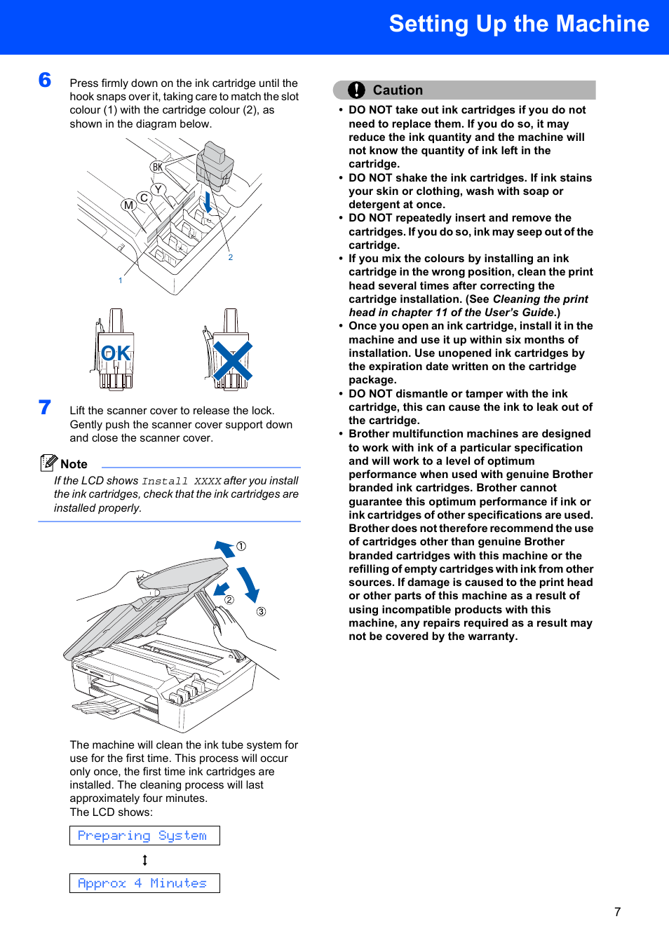 Setting up the machine, Preparing system, Approx 4 minutes | Caution | Brother DCP-120C User Manual | Page 9 / 33