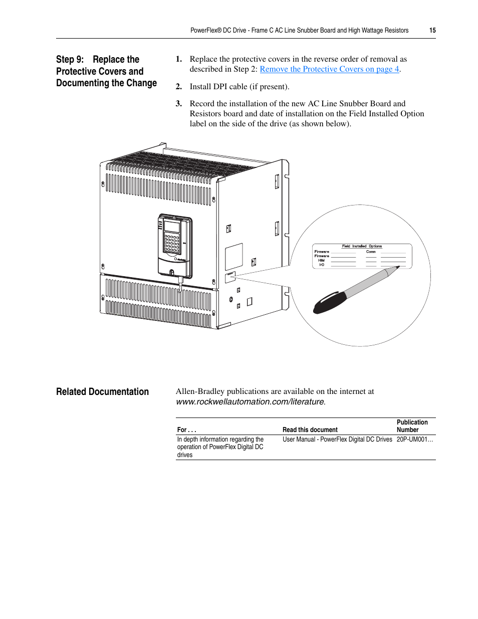 Related documentation | Rockwell Automation 20P PowerFlex DC Drive - Frame C AC Line Snubber Board and High Wattage Resistors User Manual | Page 15 / 16