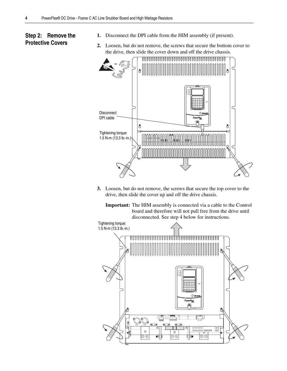 Step 2: remove the protective covers | Rockwell Automation 20P PowerFlex DC Drive - Frame C AC Line Snubber Board and High Wattage Resistors User Manual | Page 4 / 16