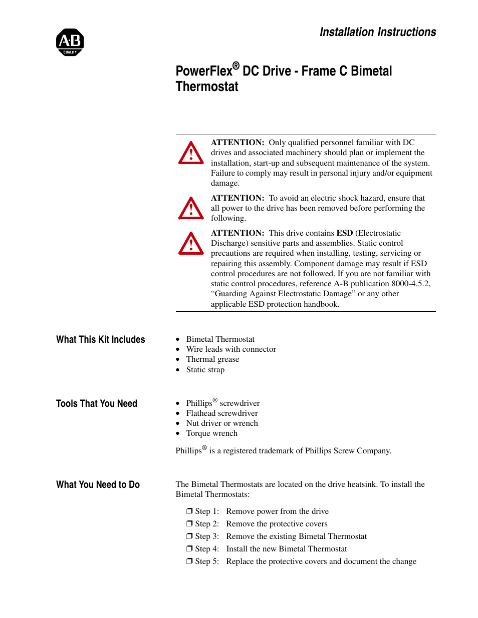 Rockwell Automation 20P PowerFlex DC Drive - Frame C Bimetal Thermostat User Manual | 16 pages