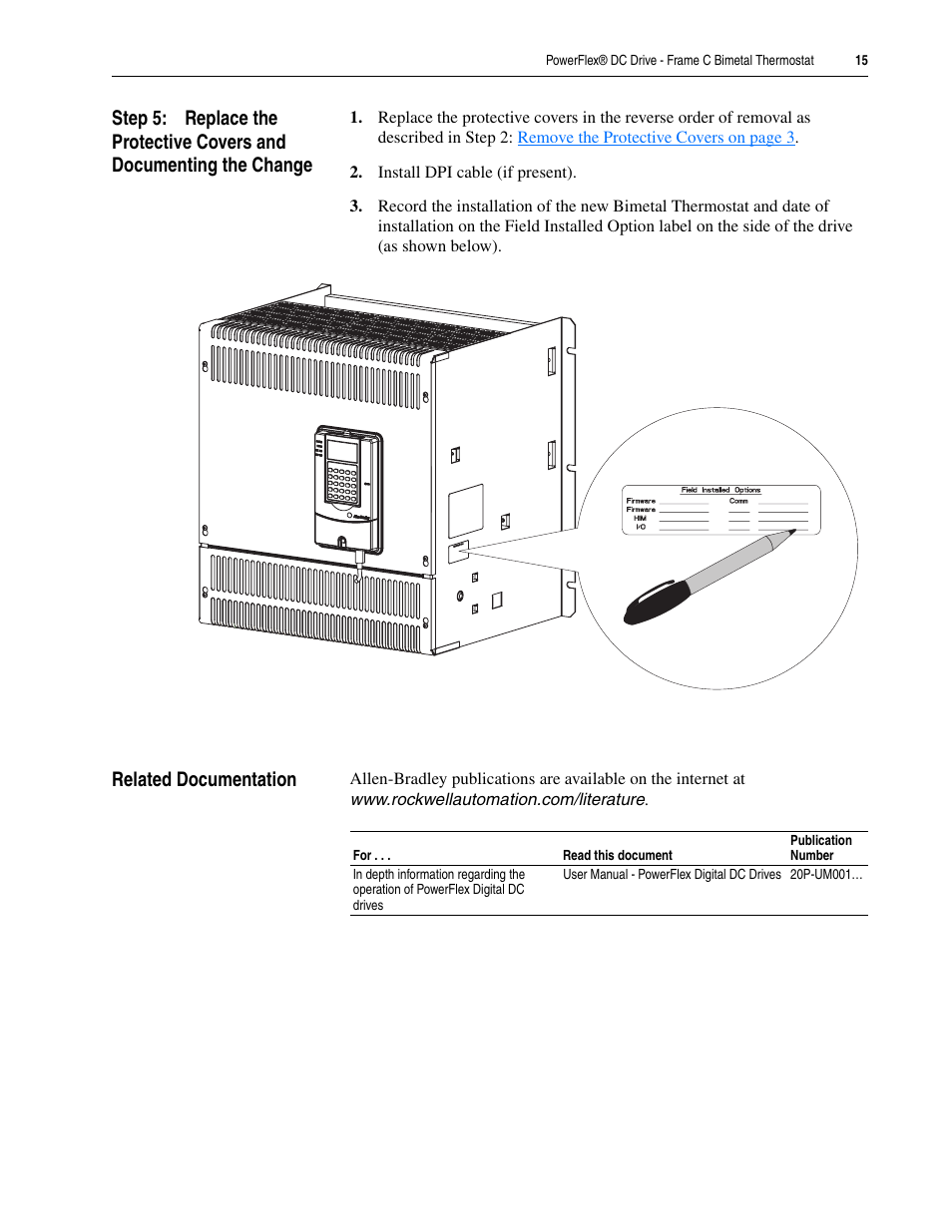 Related documentation | Rockwell Automation 20P PowerFlex DC Drive - Frame C Bimetal Thermostat User Manual | Page 15 / 16