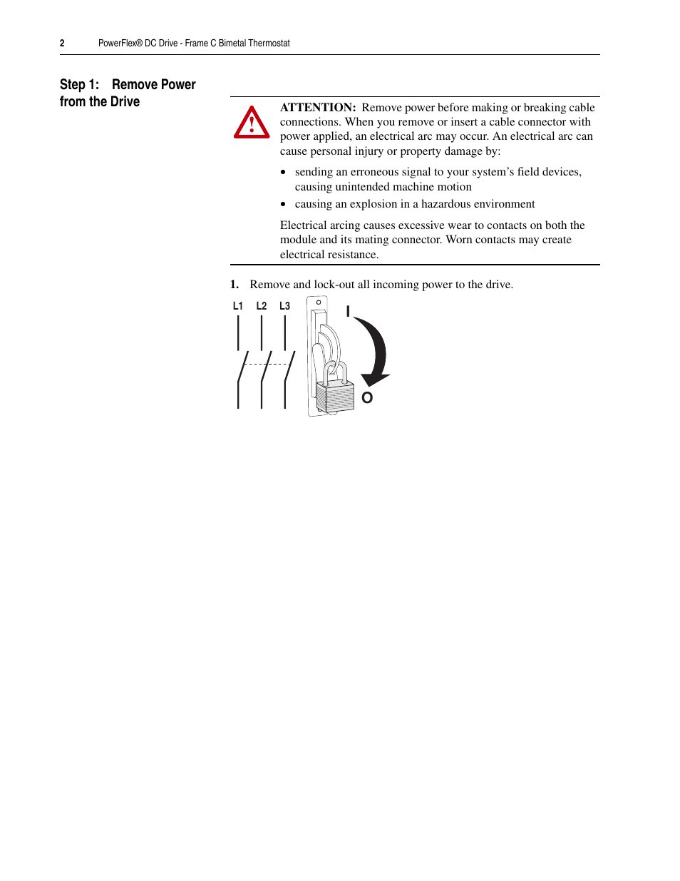 Step 1: remove power from the drive | Rockwell Automation 20P PowerFlex DC Drive - Frame C Bimetal Thermostat User Manual | Page 2 / 16