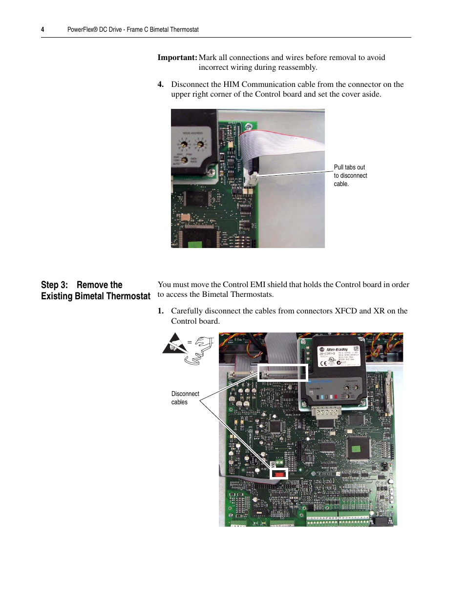 Step 3: remove the existing bimetal thermostat | Rockwell Automation 20P PowerFlex DC Drive - Frame C Bimetal Thermostat User Manual | Page 4 / 16