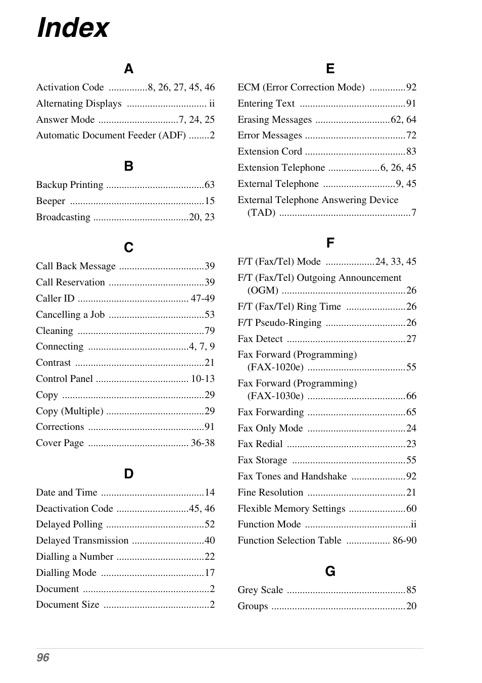 Index | Brother 1030e User Manual | Page 102 / 108