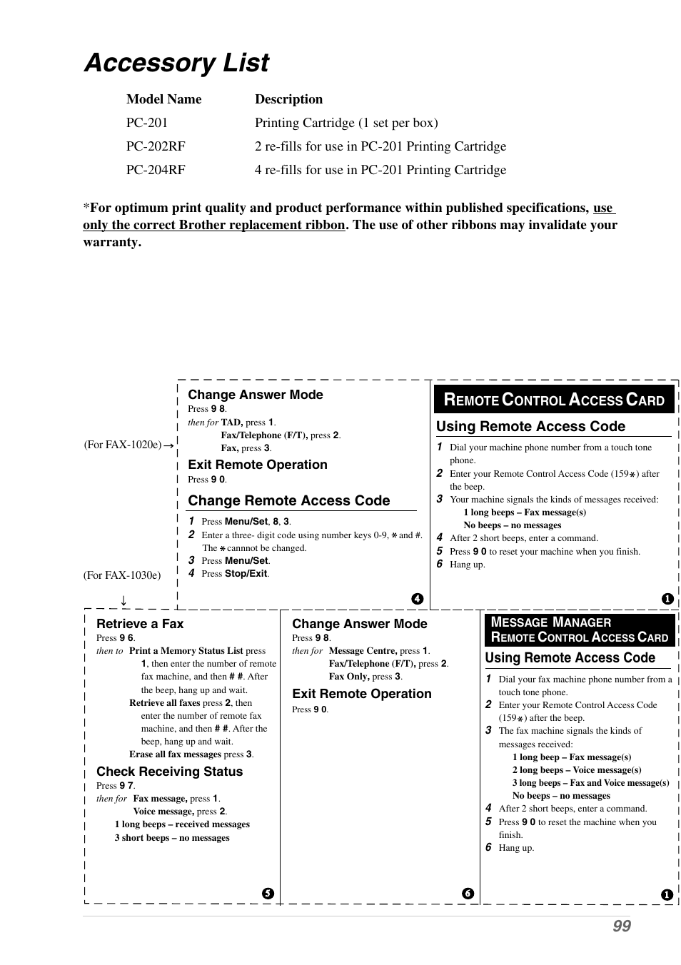 Accessory list | Brother 1030e User Manual | Page 105 / 108