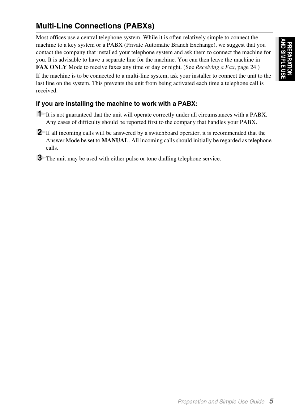 Multi-line connections (pabxs) | Brother 1030e User Manual | Page 11 / 108