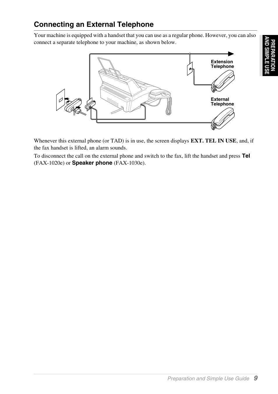 Connecting an external telephone | Brother 1030e User Manual | Page 15 / 108