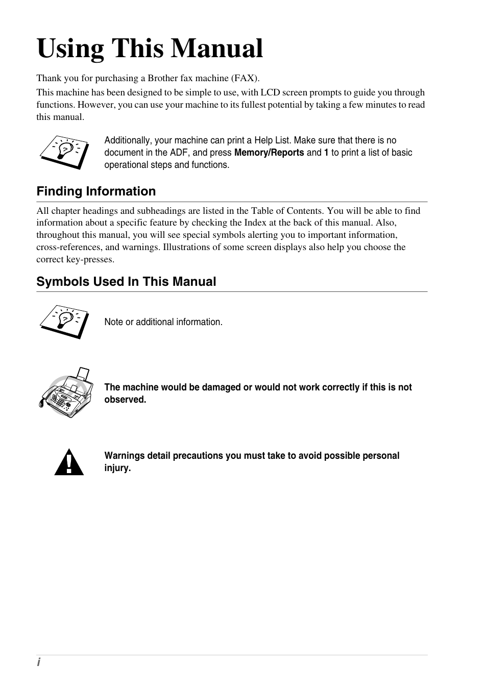 Using this manual, Finding information, Symbols used in this manual | Brother 1030e User Manual | Page 2 / 108