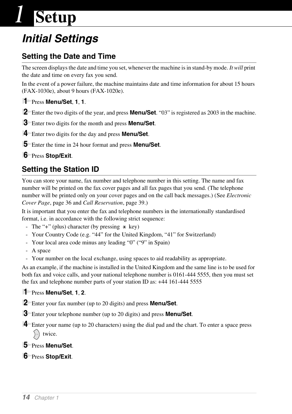 1 setup, Initial settings, Setting the date and time | Setting the station id, Chapter 1, Setup | Brother 1030e User Manual | Page 20 / 108