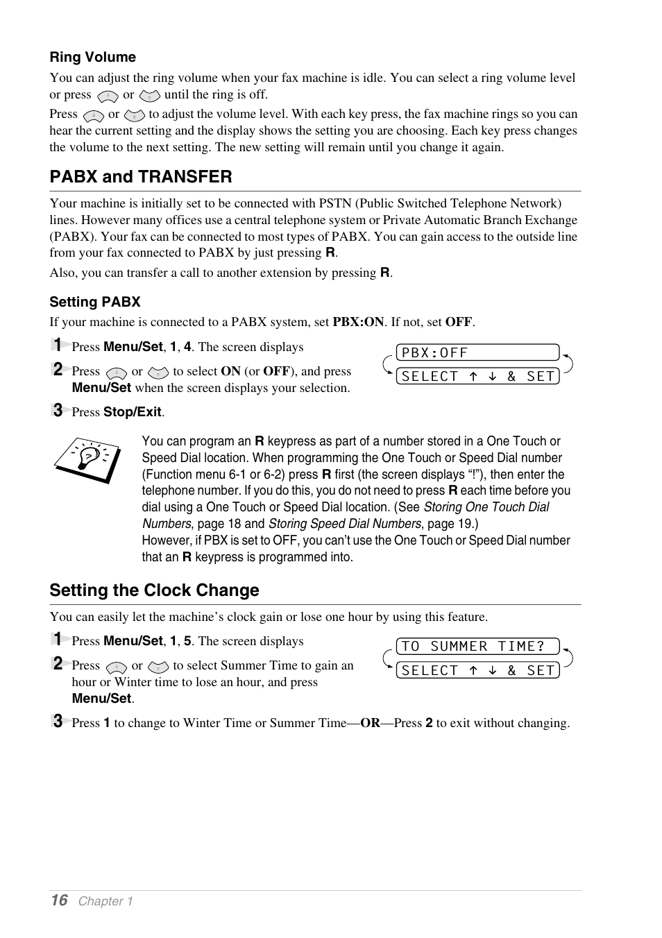 Ring volume, Pabx and transfer, Setting pabx | Setting the clock change | Brother 1030e User Manual | Page 22 / 108