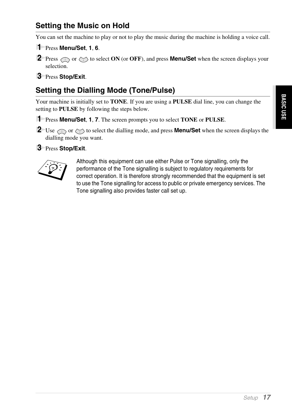 Setting the music on hold, Setting the dialling mode (tone/pulse) | Brother 1030e User Manual | Page 23 / 108