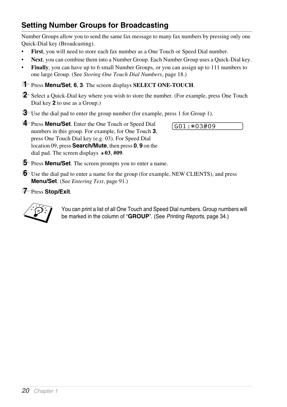 Setting number groups for broadcasting | Brother 1030e User Manual | Page 26 / 108