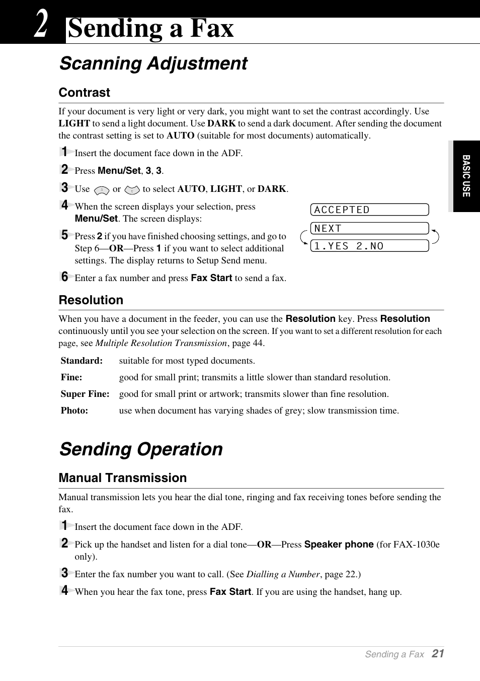 2 sending a fax, Scanning adjustment, Contrast | Resolution, Sending operation, Manual transmission, Chapter 2, Sending a fax, Scanning adjustment sending operation | Brother 1030e User Manual | Page 27 / 108