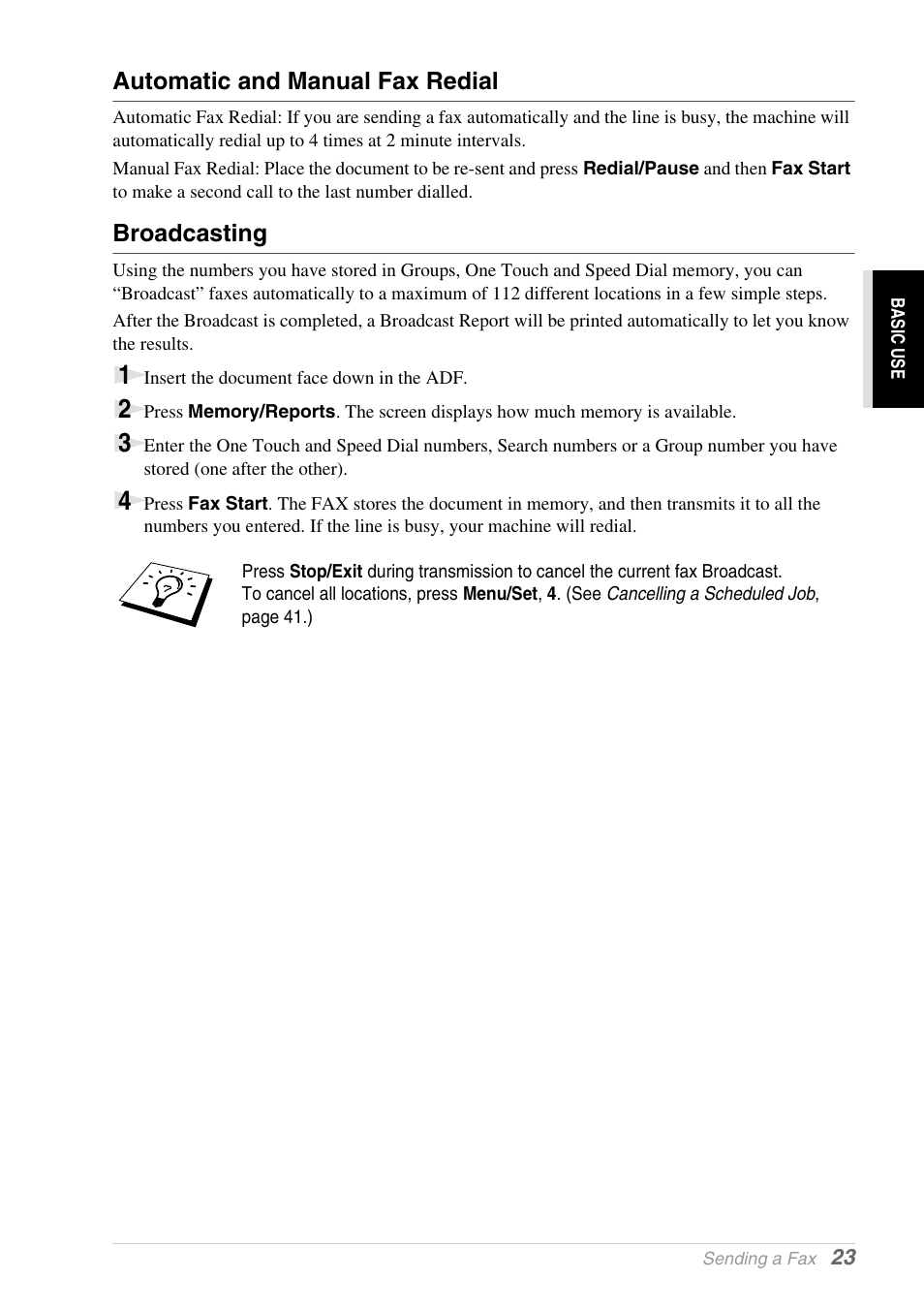 Automatic and manual fax redial, Broadcasting | Brother 1030e User Manual | Page 29 / 108