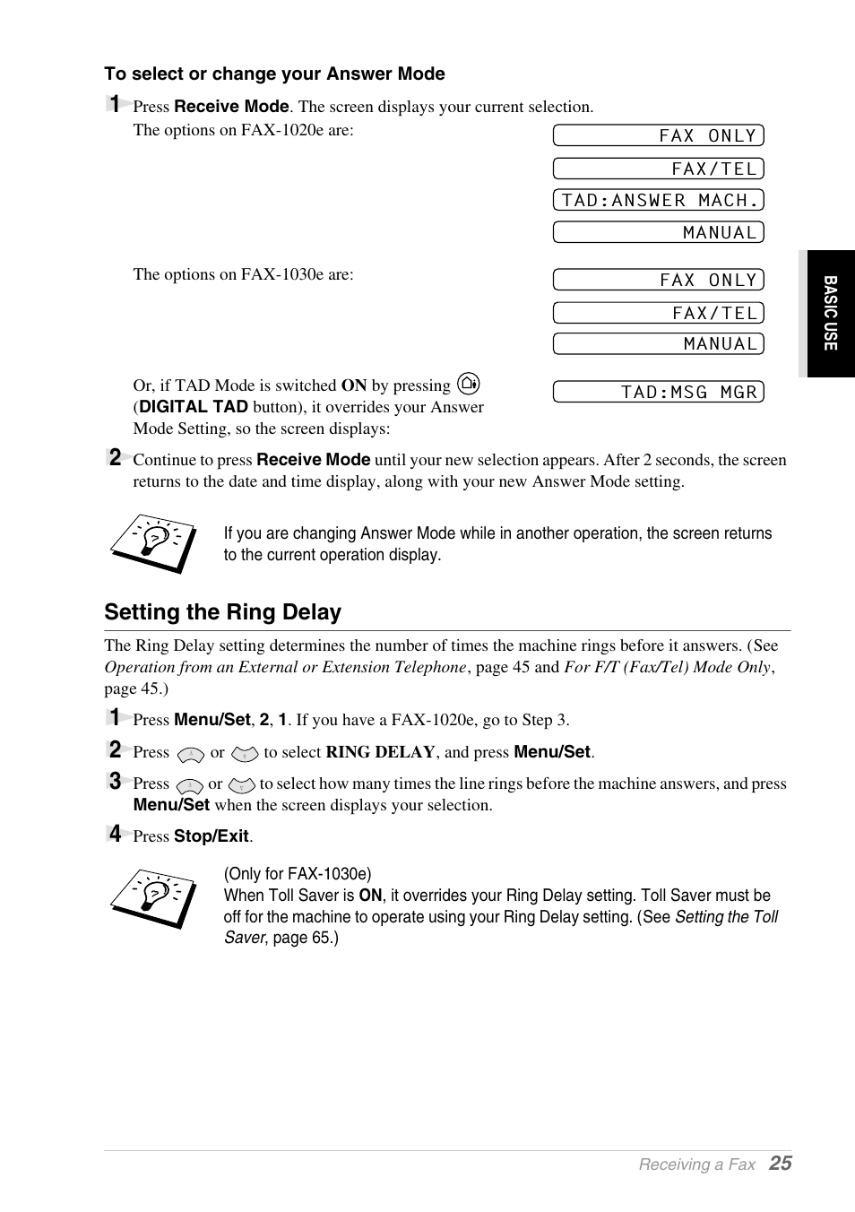 To select or change your answer mode, Setting the ring delay | Brother 1030e User Manual | Page 31 / 108