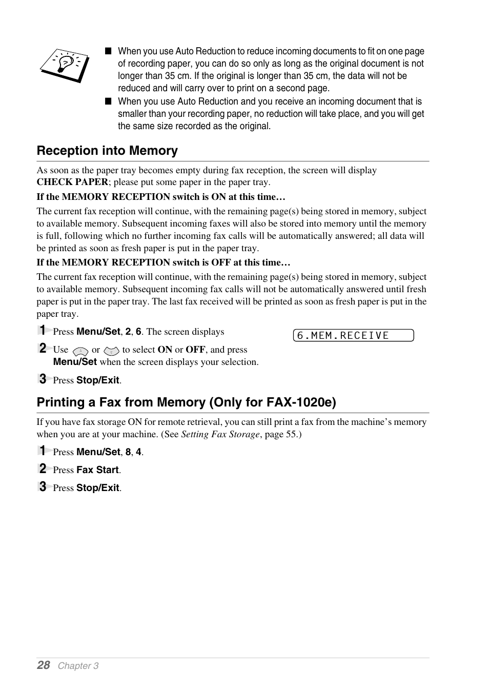 Reception into memory, Printing a fax from memory (only for fax-1020e) | Brother 1030e User Manual | Page 34 / 108