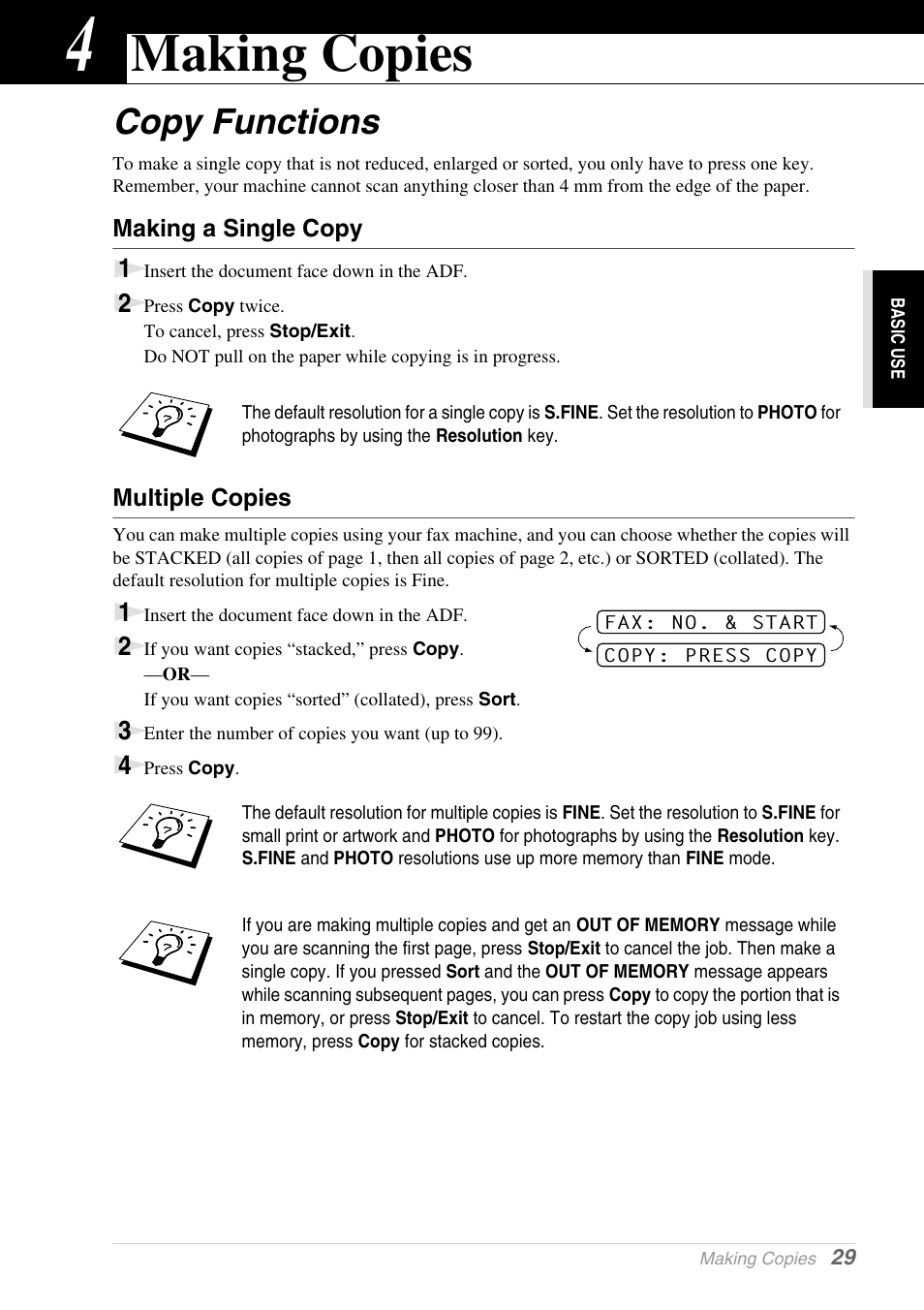 4 making copies, Copy functions, Making a single copy | Multiple copies, Chapter 4, Making copies | Brother 1030e User Manual | Page 35 / 108