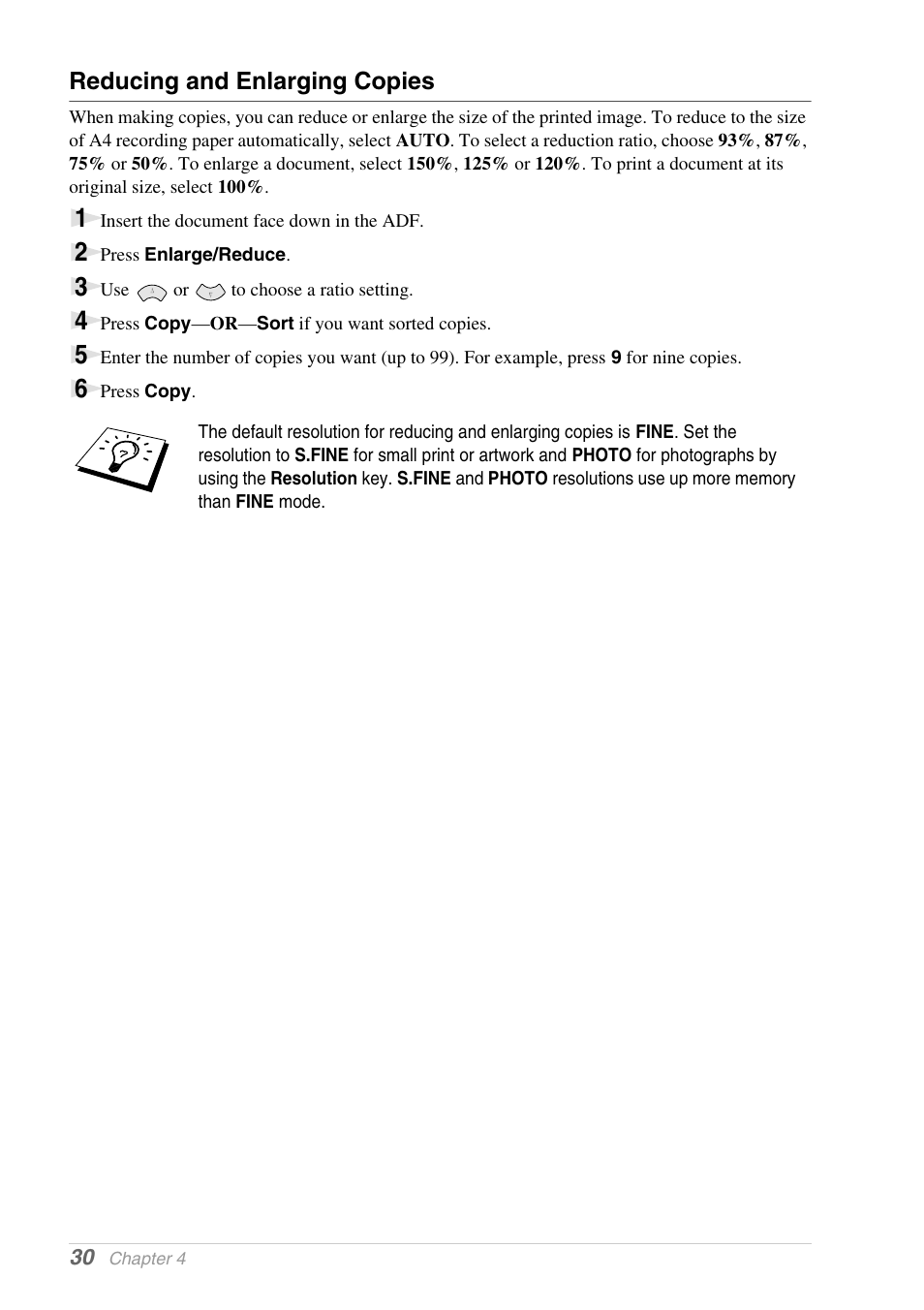 Reducing and enlarging copies | Brother 1030e User Manual | Page 36 / 108