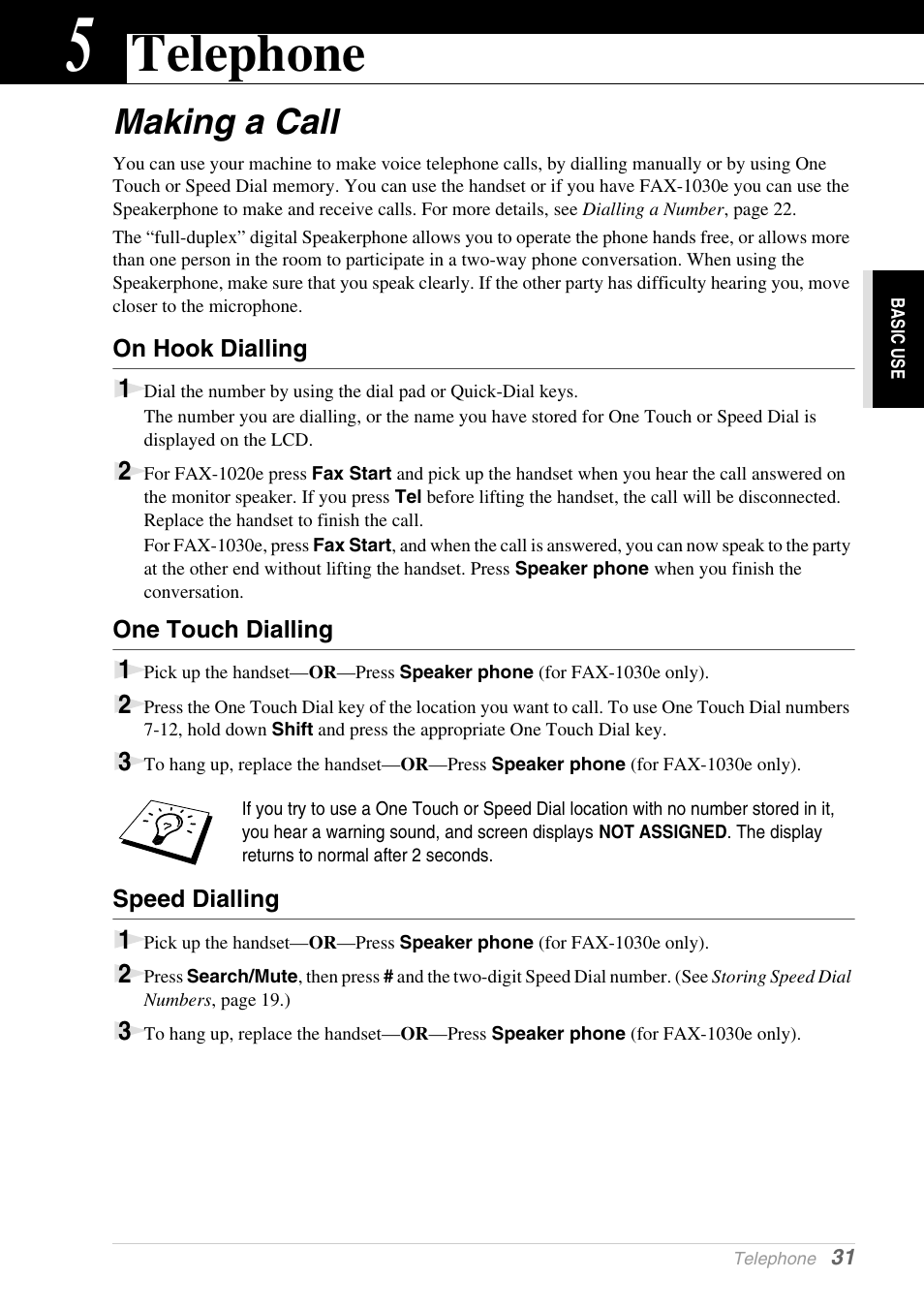 5 telephone, Making a call, On hook dialling | One touch dialling, Speed dialling, Chapter 5, Telephone | Brother 1030e User Manual | Page 37 / 108