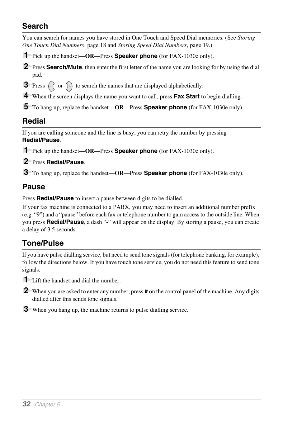 Search, Redial, Pause | Tone/pulse | Brother 1030e User Manual | Page 38 / 108