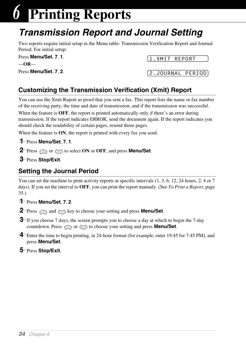 6 printing reports, Transmission report and journal setting, Setting the journal period | Chapter 6, Printing reports | Brother 1030e User Manual | Page 40 / 108