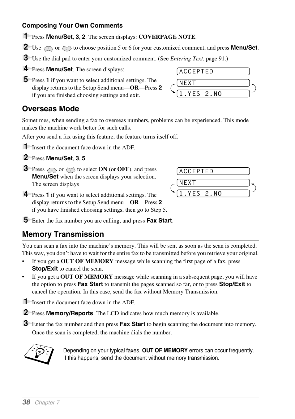 Composing your own comments, Overseas mode, Memory transmission | Brother 1030e User Manual | Page 44 / 108