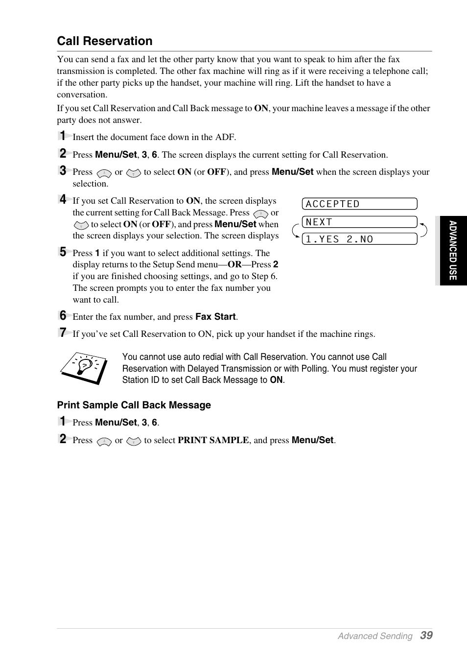 Call reservation, Print sample call back message | Brother 1030e User Manual | Page 45 / 108