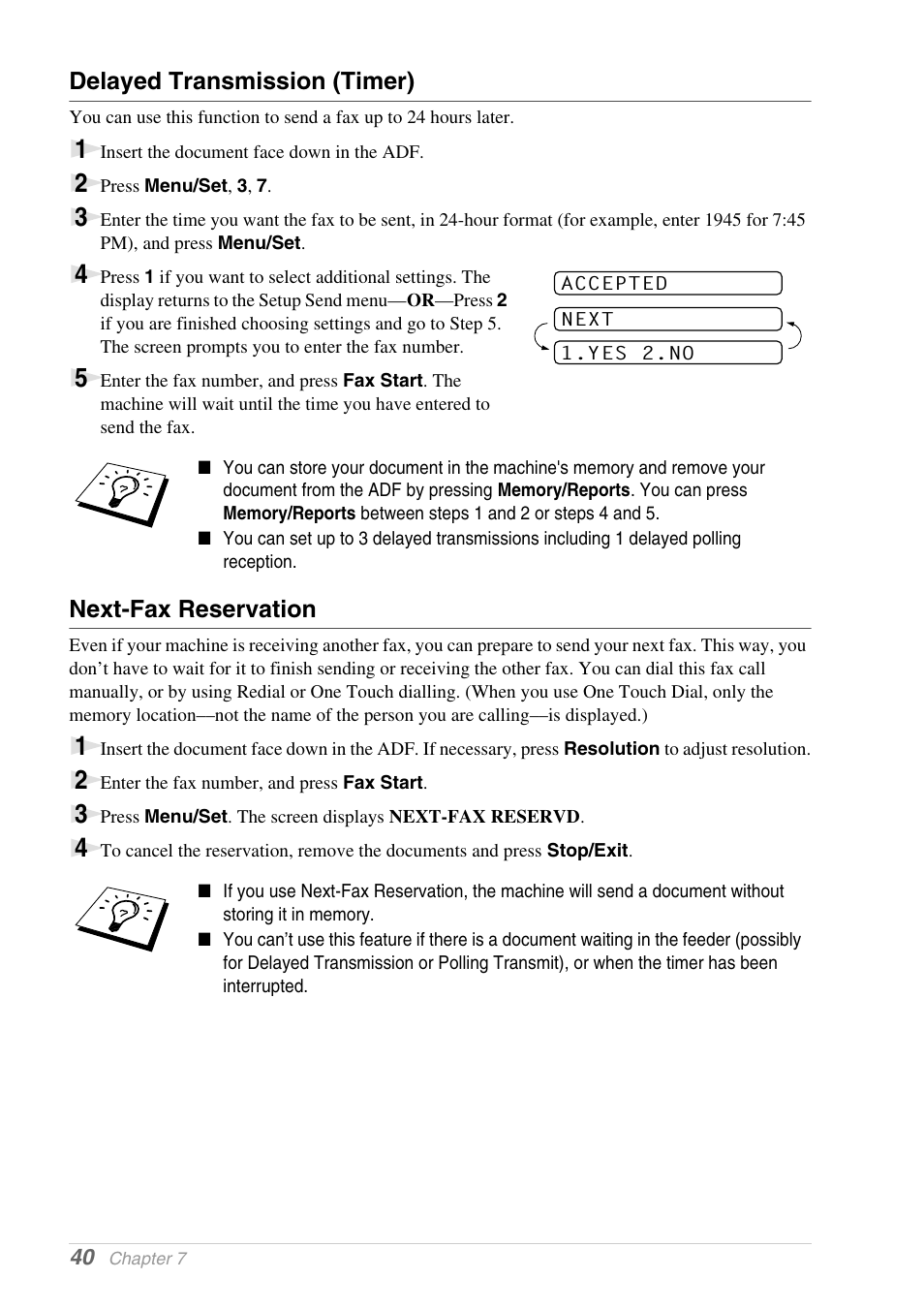 Delayed transmission (timer), Next-fax reservation | Brother 1030e User Manual | Page 46 / 108