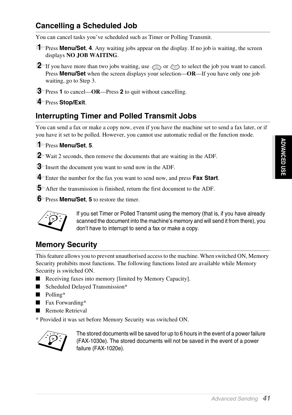 Cancelling a scheduled job, Interrupting timer and polled transmit jobs, Memory security | Brother 1030e User Manual | Page 47 / 108