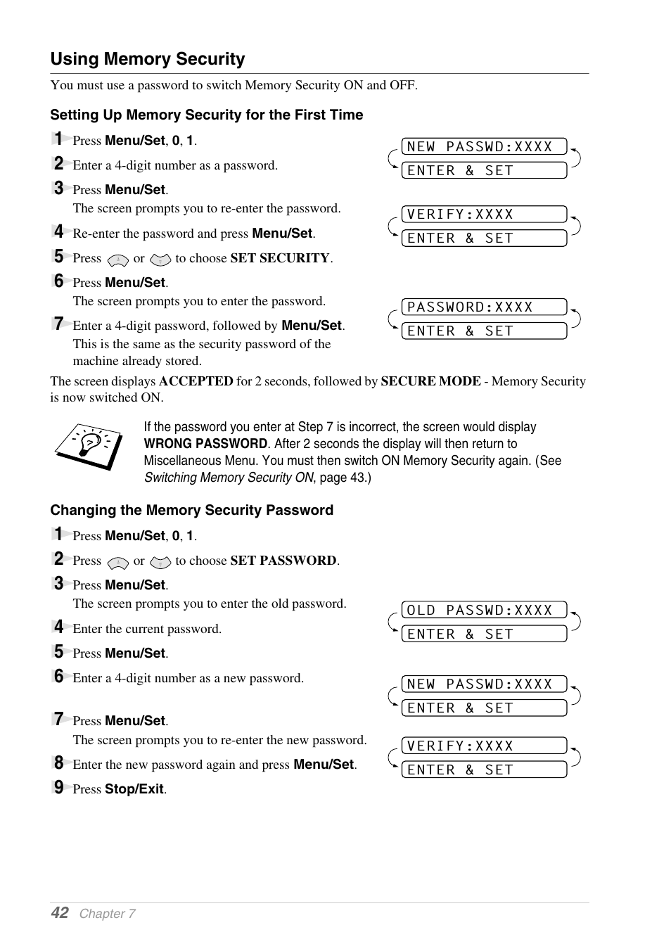 Using memory security, Setting up memory security for the first time, Changing the memory security password | Brother 1030e User Manual | Page 48 / 108