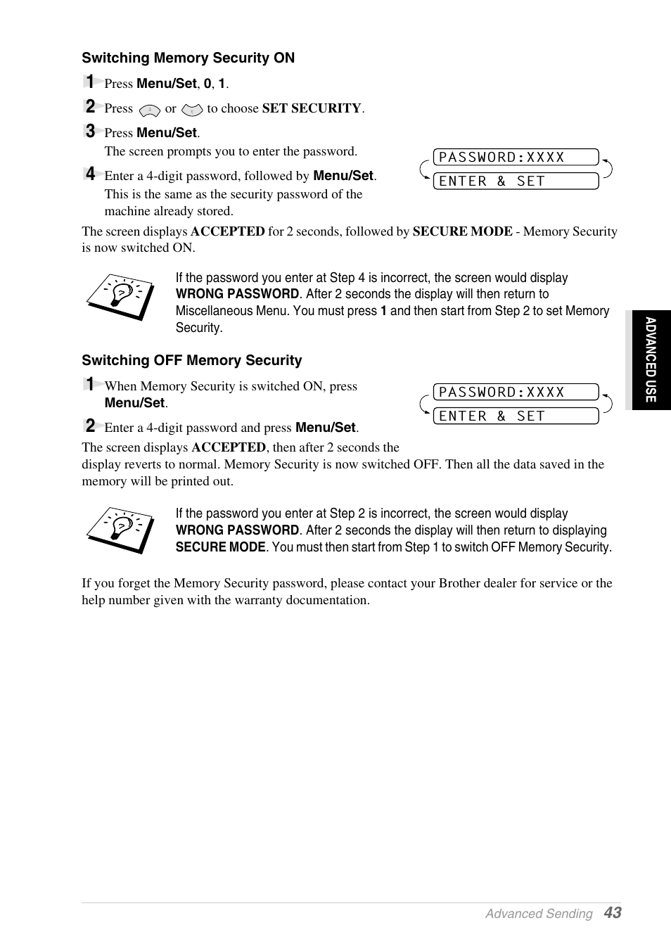 Switching memory security on, Switching off memory security | Brother 1030e User Manual | Page 49 / 108